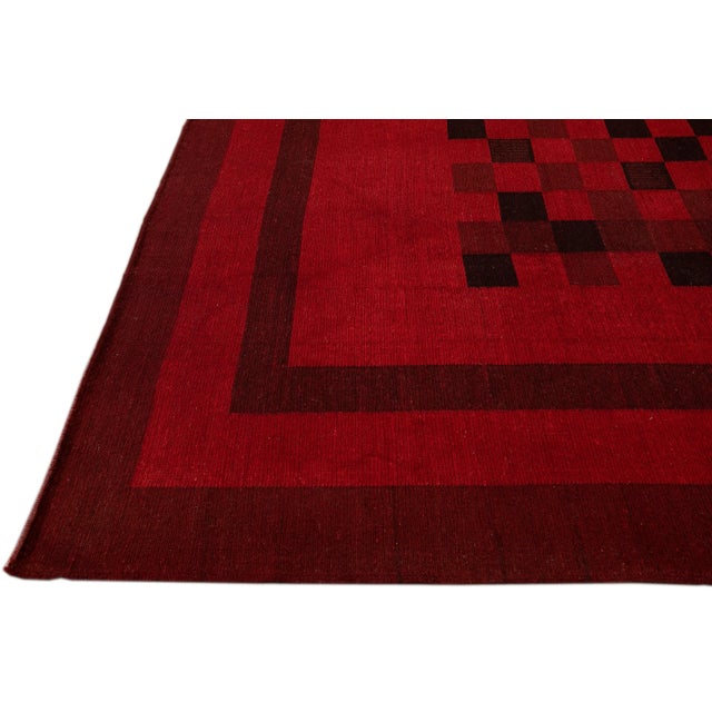 Modern Kilim Flatweave Chess Pattern Red Wool Rug For Sale - Image 10 of 11