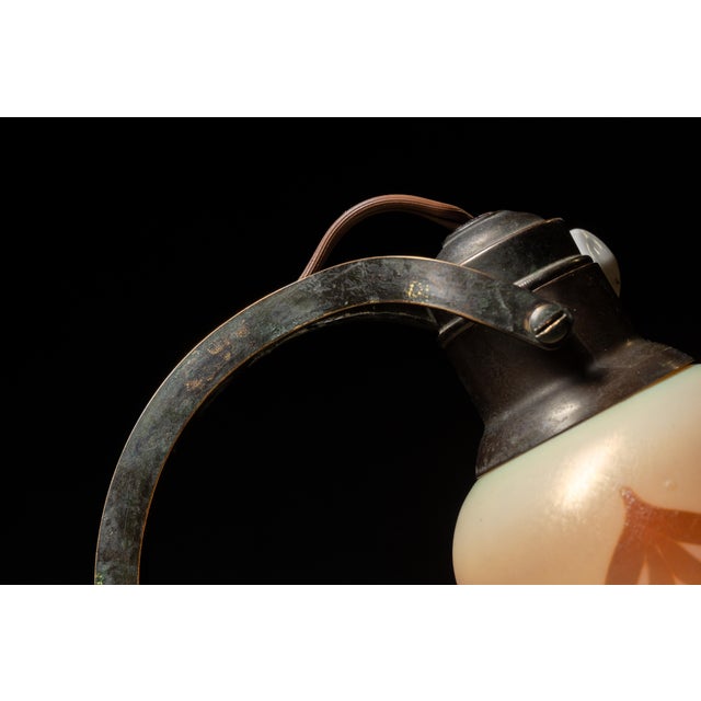 Early 20th Century Art Nouveau Cast Iron Desk Lamp With Frosted Opalescent Stenciled Shade For Sale - Image 10 of 12