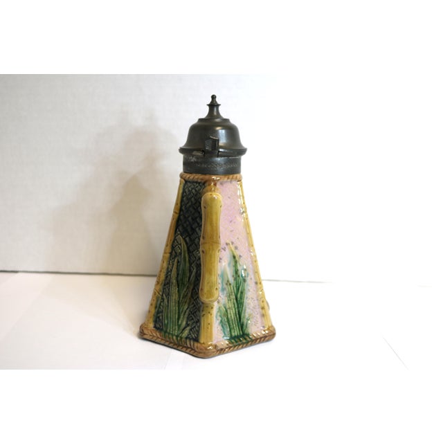 English Late 19th Century Etruscan Majolica Griffin Smith and Hill Bamboo Syrup Pitcher With Pewter Top For Sale - Image 3 of 8