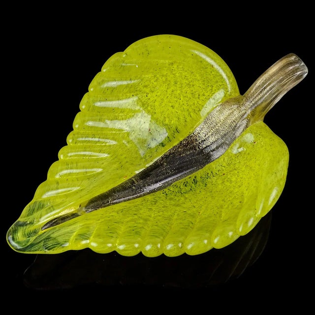 Beautiful vintage Murano hand blown bright sunny yellow and gold flecks Italian art glass leaf shaped bowl / vide-poche....