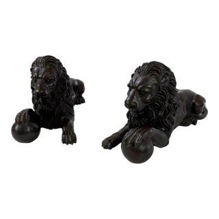 Late 20th Century Pair of Bronze Lion Sculptures With Ball, Classical Guardian Lions - 21 in L For Sale
