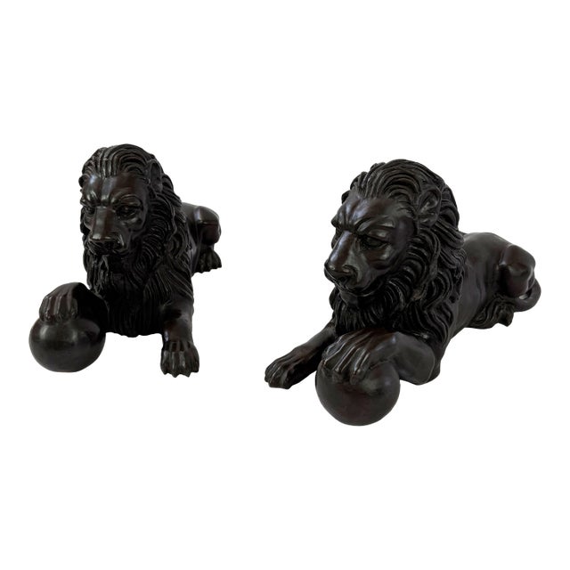 Late 20th Century Pair of Bronze Lion Sculptures With Ball, Classical Guardian Lions - 21 in L For Sale
