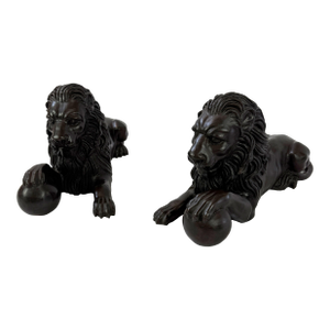 Late 20th Century Pair of Bronze Lion Sculptures With Ball, Classical Guardian Lions - 21 in L
