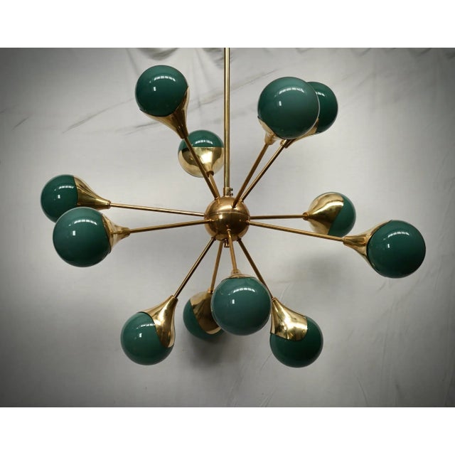 Metal Mid-Century Spherical Green Glass and Brass Sputnik Chandelier, 2000s For Sale - Image 7 of 8