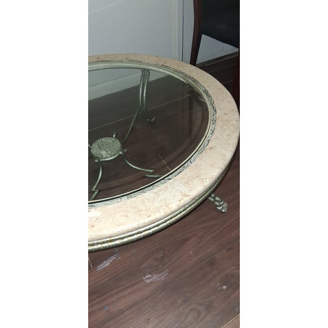 Maitland Smith Style Round Stone & Beveled Glass Coffee Table W/Burnished Silver Legs For Sale - Image 4 of 11