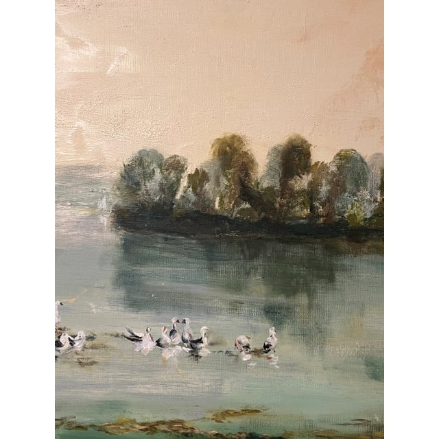 Late 20th Century Mountain Landscape With Lake and Ducks Oil Painting, Gold Gilt Frame. For Sale - Image 5 of 9