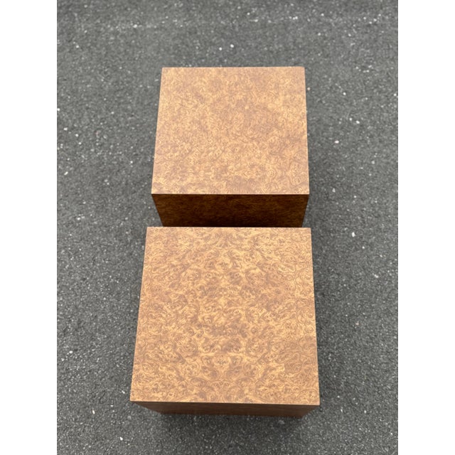 1970s Pair of Post-Modern Burled Cube Tables Styled After Milo Baughman For Sale In Kansas City - Image 6 of 12
