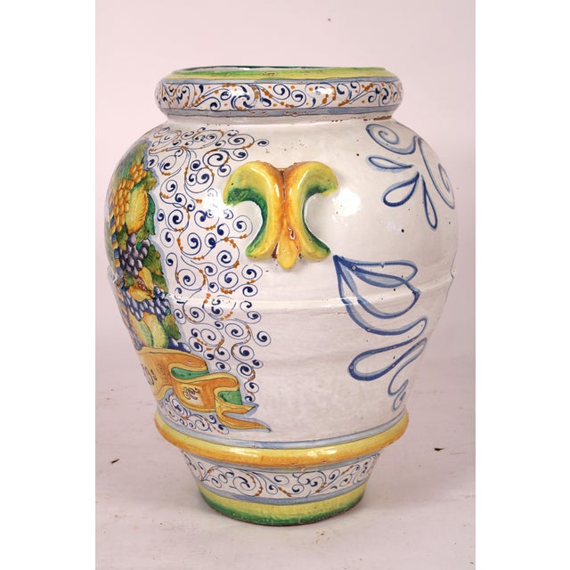 Large Italian Polychrome Decorated Terra Cotta Urn For Sale - Image 4 of 12