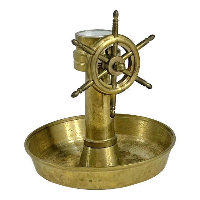 Mid Century Brass Ship Wheel Compass Trinket Dish or Ashtray For Sale