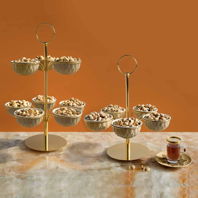 Mid-Century Modern Contemporary Caramel Gold Peacock Pistachios Holder For Sale - Image 3 of 5