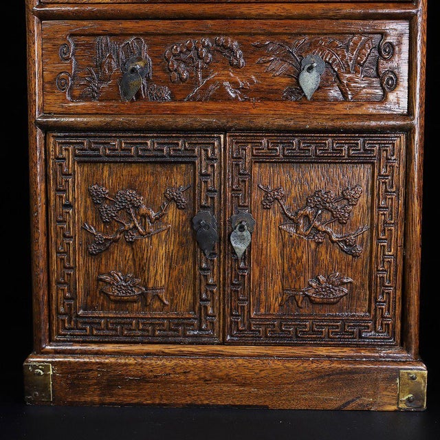 Vintage Huali Wood Miniature Cabinet With Drawers and Carved Doors For Sale - Image 4 of 10