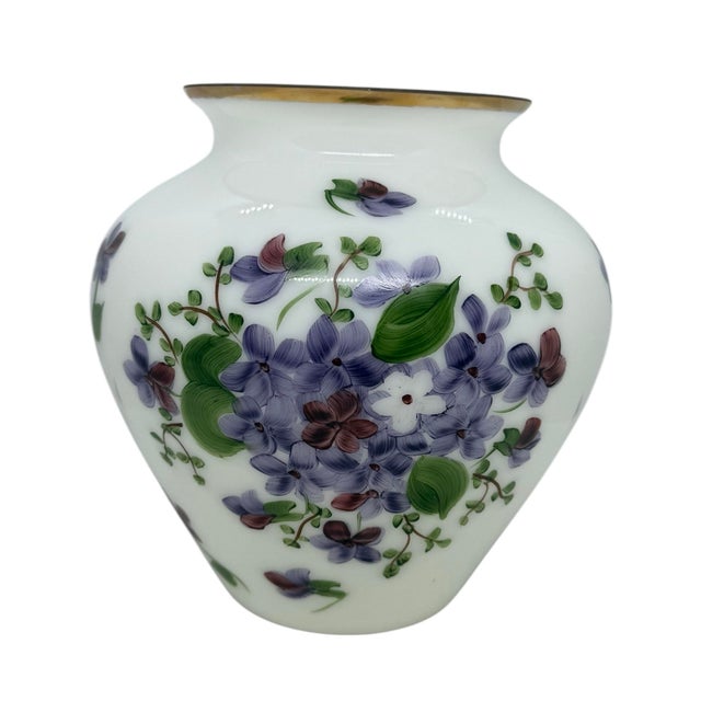 Traditional Vintage Consolidated Phoenix Glass Handpainted Regent Violets Art Glass Vase For Sale - Image 3 of 12