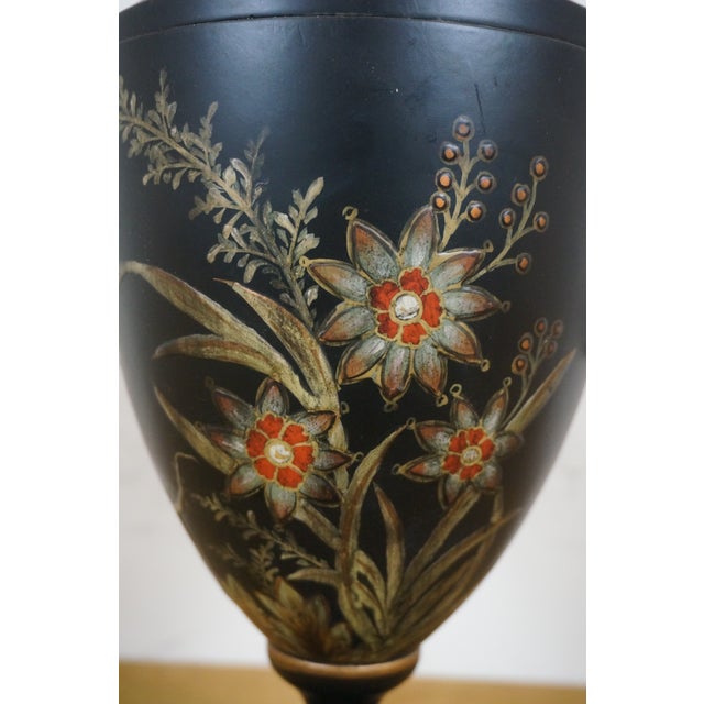 Vintage Black Toleware Floral Lions Head Chestnut Trophy Mantel Urn For Sale - Image 12 of 12