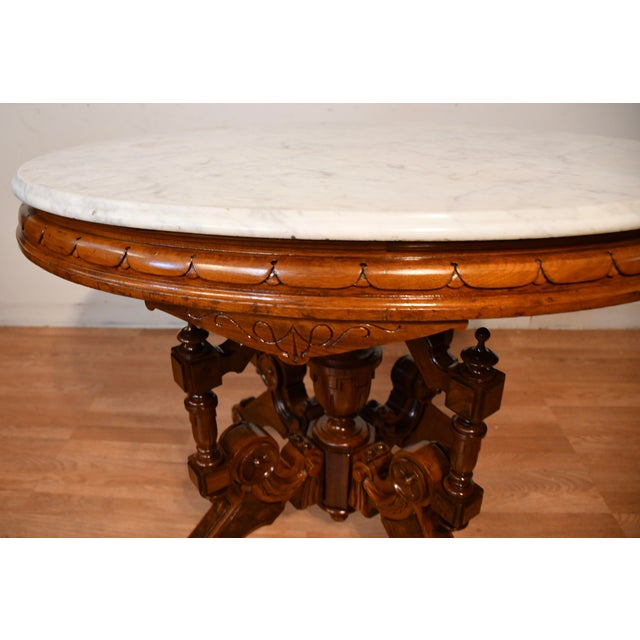 Wood 1880s Antique Victorian Renaissance Revival Walnut & Marble Top Center Table For Sale - Image 7 of 18