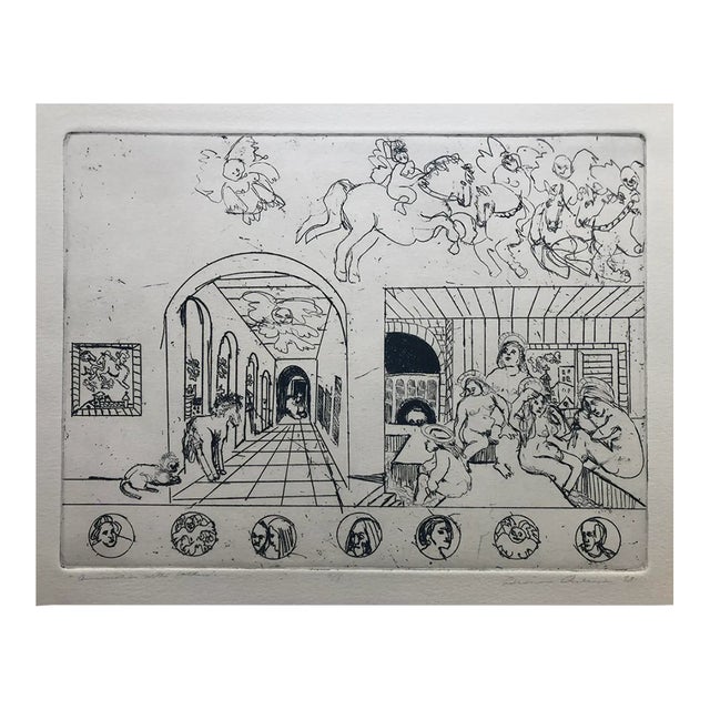 1973 Adrienne Anderson Annunciation With Bathers Etching For Sale