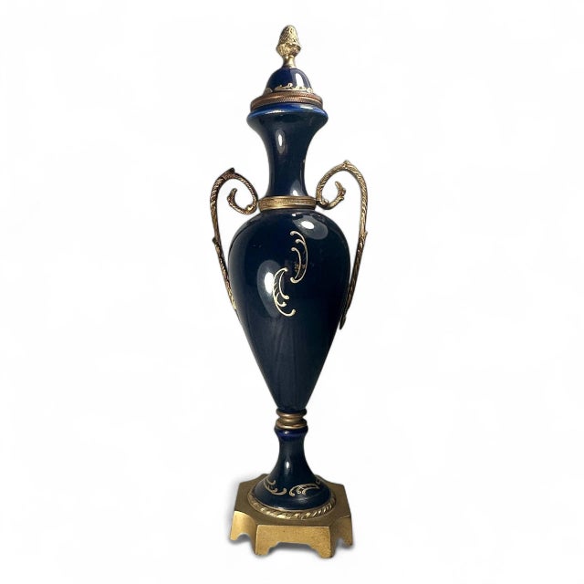 Antique Sevres Style Cobalt Blue Porcelain Vase, Double Handled Lidded Urn For Sale In West Palm - Image 6 of 14