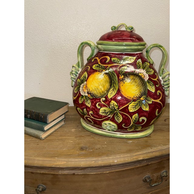 1980s Extra Large Italian Lidded Olive Container, Lion Head and Lemon Tree Motif Fabulous For Sale - Image 5 of 12