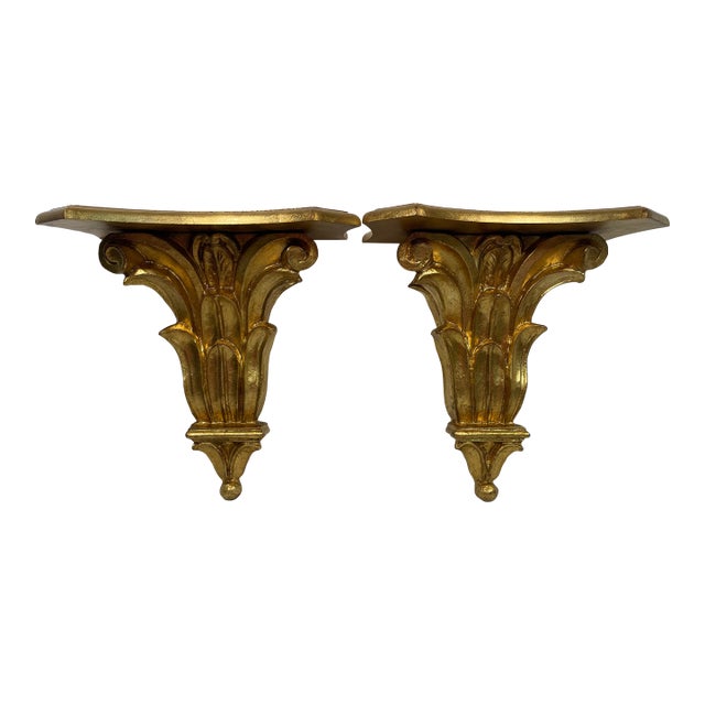 Vintage Italian 14.5" Neoclassical Giltwood Decorative Shelf Brackets - A Pair For Sale