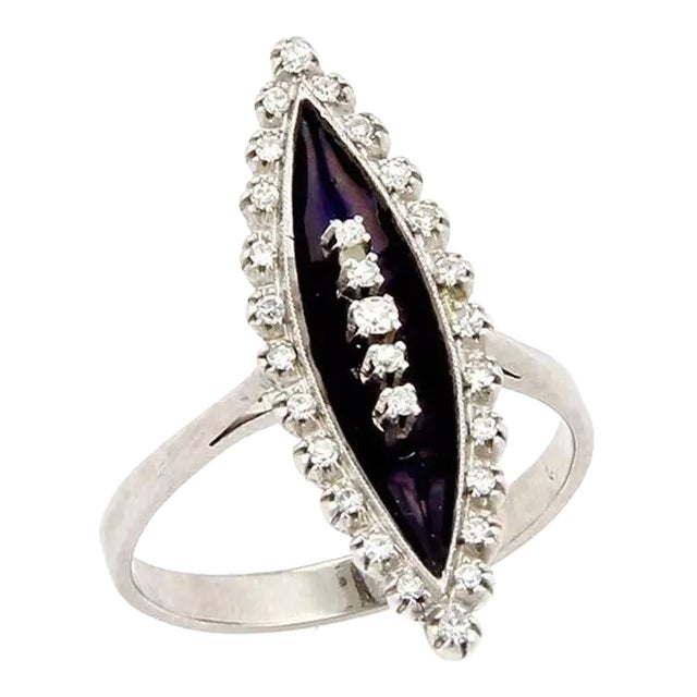 Art Deco 18k White Gold Marquise Cut Black Onyx & Diamond Ring For Sale