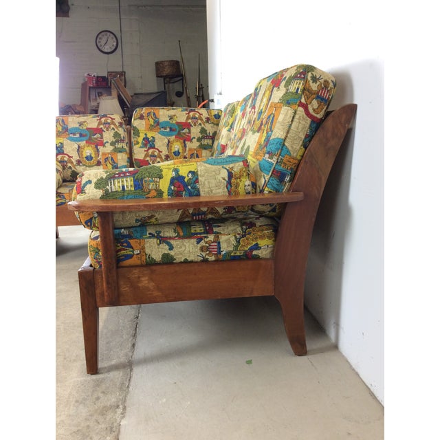 Mid Century Maple Three Piece Sectional Sofa With Shelving and Vintage Colonial Patterned Upholstery For Sale - Image 9 of 18