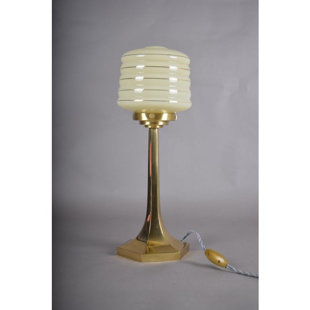 Gold Brass and Opaline Glass Table Lamp in the style of Josef Hoffmann for Wiener Werkstätte, 1990s For Sale - Image 8 of 11