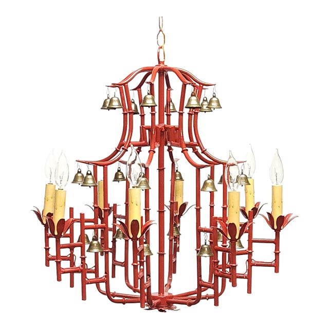 Massive Vintage Italian Tole Red Faux Bamboo Birdcage Chandelier With Bells ~ Rewired ~ Restored ~ Rejuvenated ~ Ready to Hang ~ For Sale