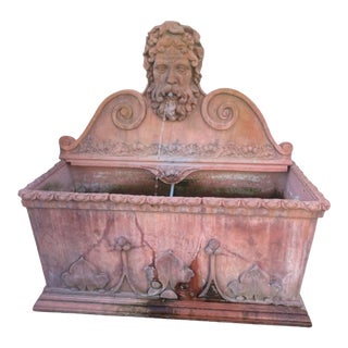 Vintage Italian-Style Terracotta Bacchus Wall Fountain With Scrolled Pediment For Sale