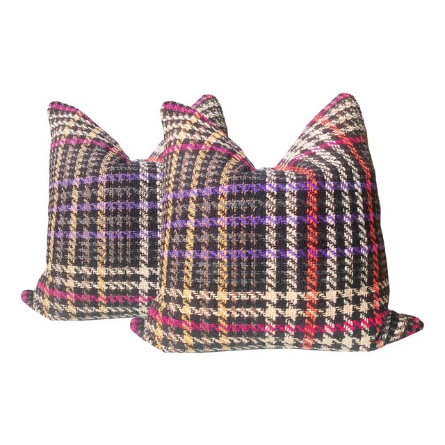Black Plaid Woven Pillows - a Pair For Sale