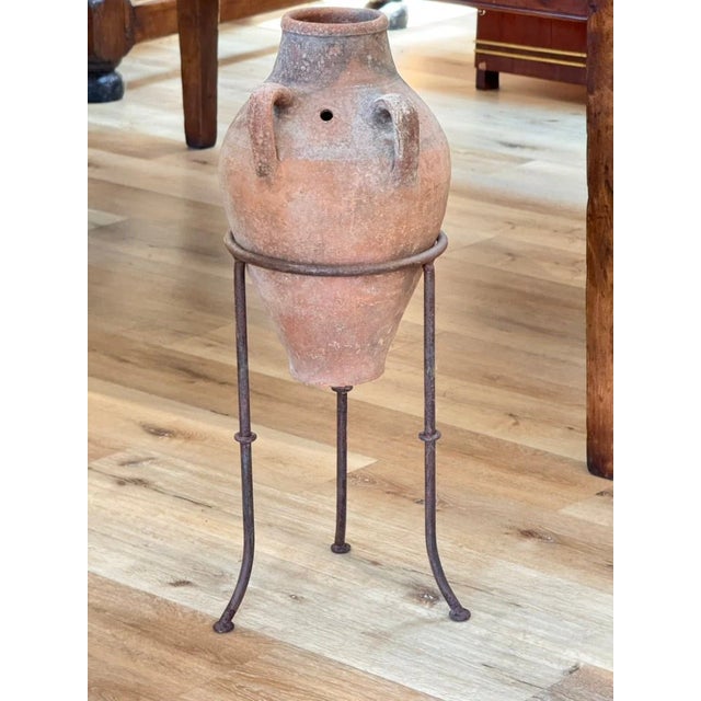 Mediterranean 19th Century Mediterranean Hand-Thrown Terracotta Olive Jar With Iron Stand For Sale - Image 3 of 5