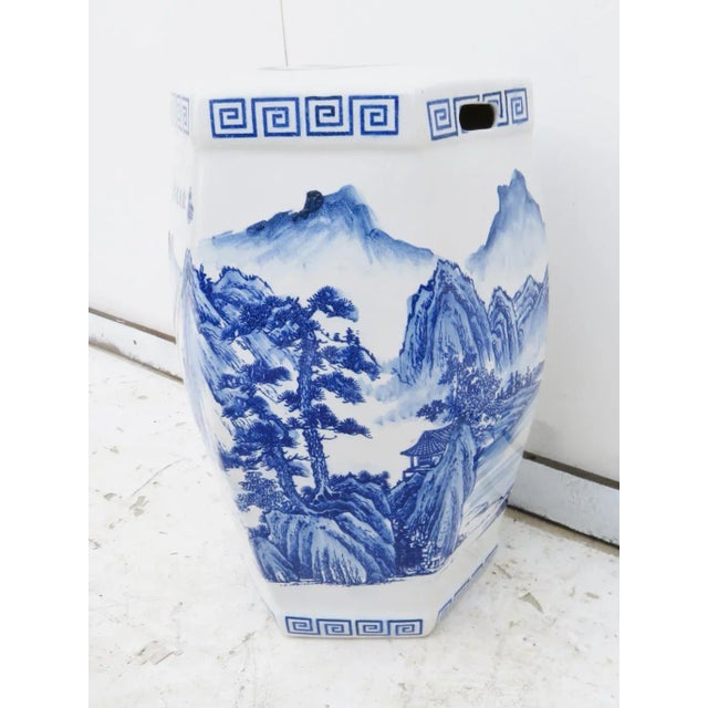Blue and white Chinoiserie style garden stool.