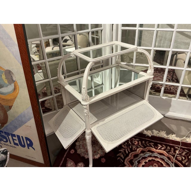 Antique White Cane/Wood Mirrored Storage Table For Sale - Image 4 of 4
