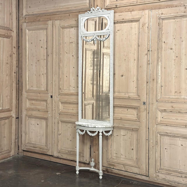 Antique Italian Louis XVI Painted Marble Top Demilune Console With Trumeau Mirror For Sale - Image 4 of 18
