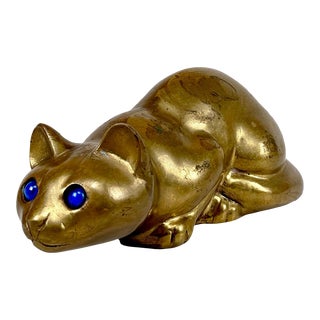 Vintage 11" Traditional Brass Crouching Blue Eye Cat Sculpture For Sale