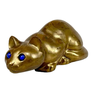 Vintage 11" Traditional Brass Crouching Blue Eye Cat Sculpture