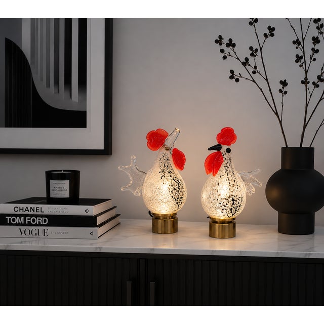 Vintage Rooster and Hen Lamps in Glass, 1980s, Set of 2, in Very Good conditions. Designed 1980 to 1989 European Plug (up...