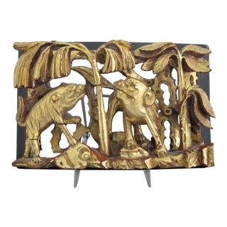 Chinese Qing Gilt Carved Wood Foo Dogs in Grove of Trees 3d Wall Art Panel For Sale