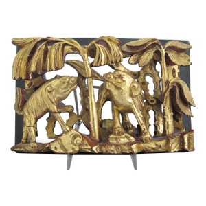 Chinese Qing Gilt Carved Wood Foo Dogs in Grove of Trees 3d Wall Art Panel