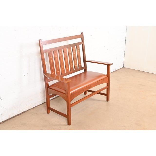 L. & J.G. Stickley, Inc. Stickley Harvey Ellis Collection Inlaid Cherry Wood Bench or Settee For Sale - Image 4 of 14