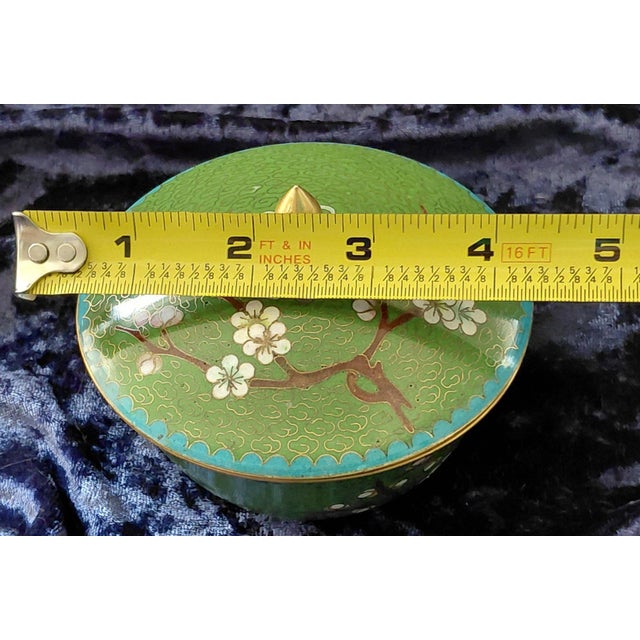 Chinese Vintage Chinese Green Cloisonné Covered Bowl With Blossom Motif For Sale - Image 3 of 5