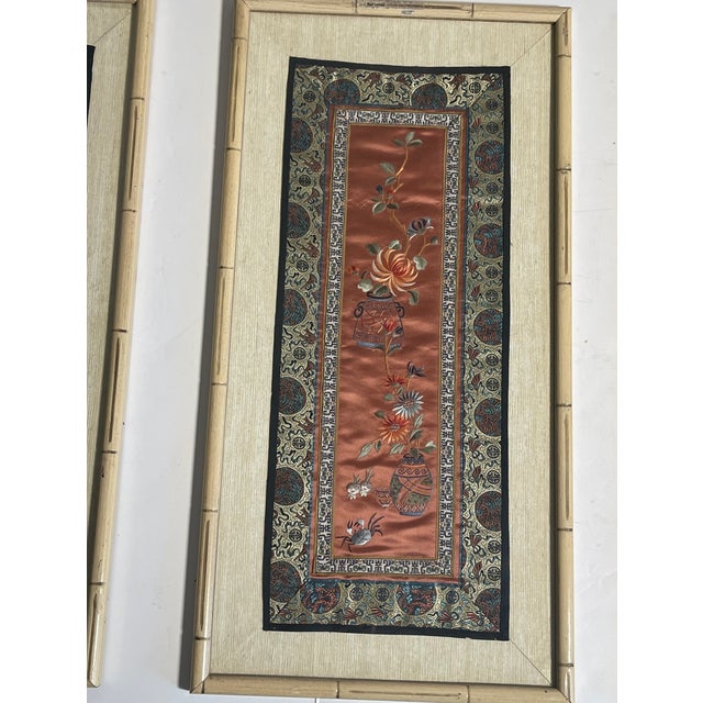 Chinoiserie Three Antique Chinese Chinoiserie Embroidered Silk Oanels Framed For Sale - Image 3 of 11