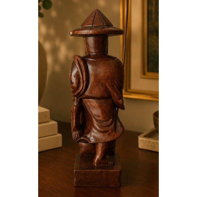 Chinese Vintage Mid-Century Hand Carved Wooden Chinese Fisherman Figure Asian Decor For Sale - Image 3 of 4