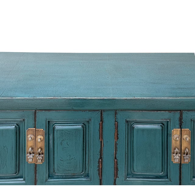 Asian Style Distressed Rustic Teal Blue Low Tv Console Table Cabinet For Sale - Image 16 of 16