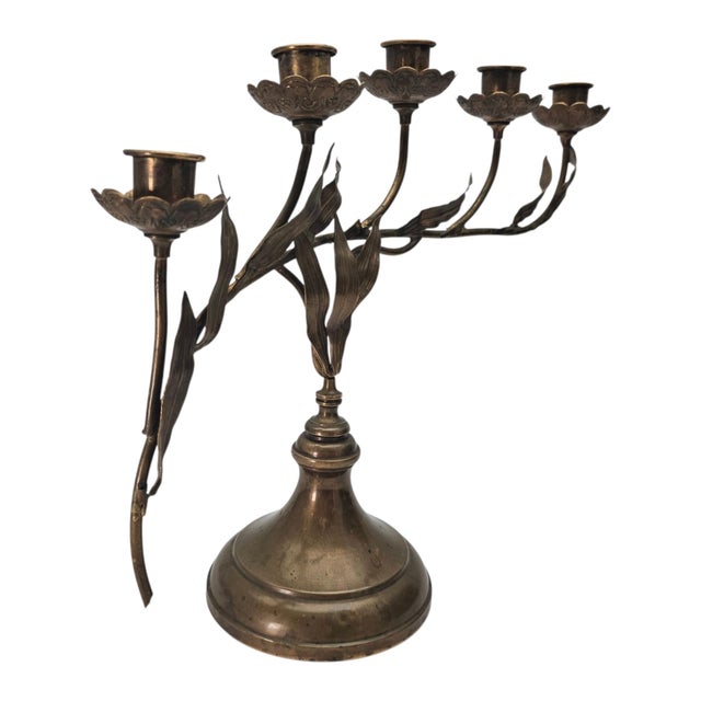 French Art Nouveau Brass Lily Botanical Candelabra, 5-Light, Early 20th Century 15" For Sale - Image 9 of 10