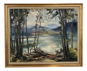 Laure Stella Bruni, Lac et Montagnes, Oil on Canvas, Framed