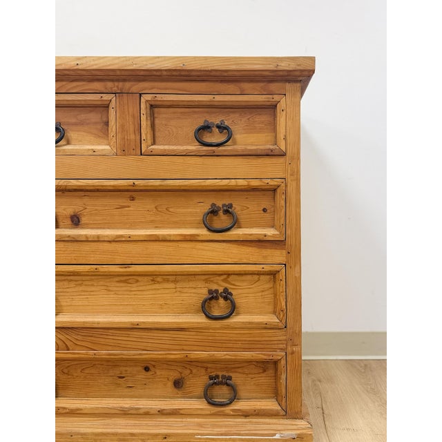 Wood Late 20th Century Mexican Solid Pine Five Drawer Dresser Wrought Iron Pulls Rustic Farmhouse Chest For Sale - Image 7 of 13