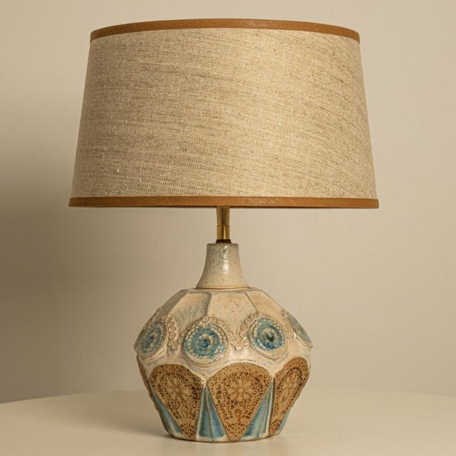 1970s Blue Brown Ceramic Table Lamp with Silk Lamp Shades attributed to R. Houben, 1970 For Sale - Image 5 of 17