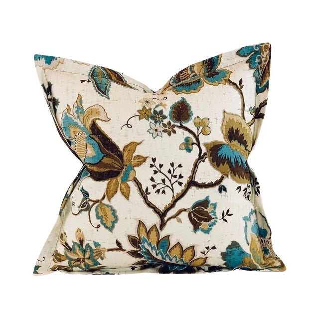 P Kaufmann Waverly Brown Cream Tan Teal Botanical Jacobean Leaf Vine 18" Pillow Covers- Pair For Sale In Jacksonville, FL - Image 6 of 7