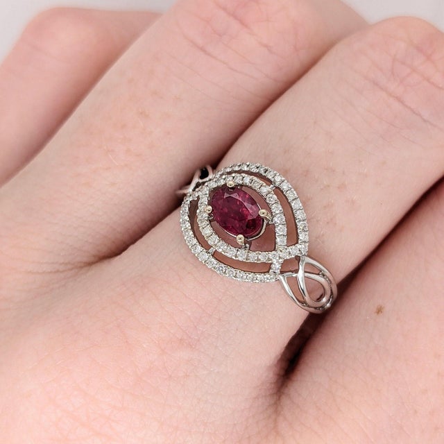Contemporary Celtic Inspired East West Mozambique Ruby and Natural Diamond Ring in 14k Gold, Size 6.75 For Sale - Image 3 of 11