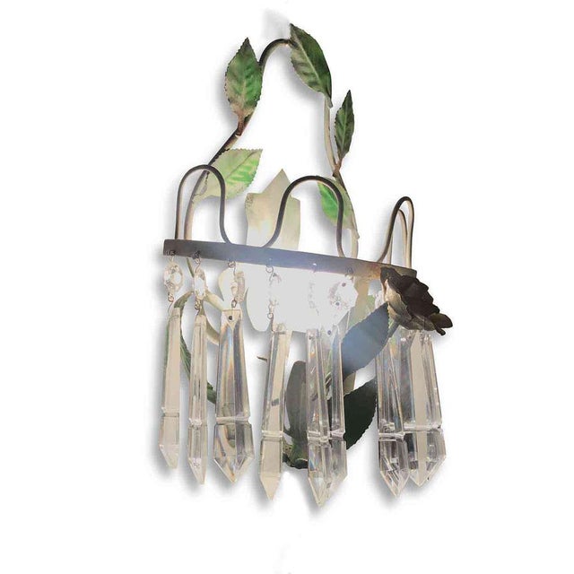 Green Lacquered Iron and Crystal Wall Lamps, 1970s, Set of 2 For Sale - Image 3 of 5