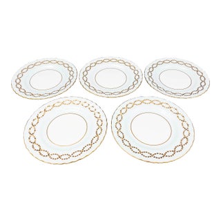 Late 20th Century Minton England S600 Gold Laurel Leaves Light Blue Salad Dessert Plates- Set of 5 For Sale